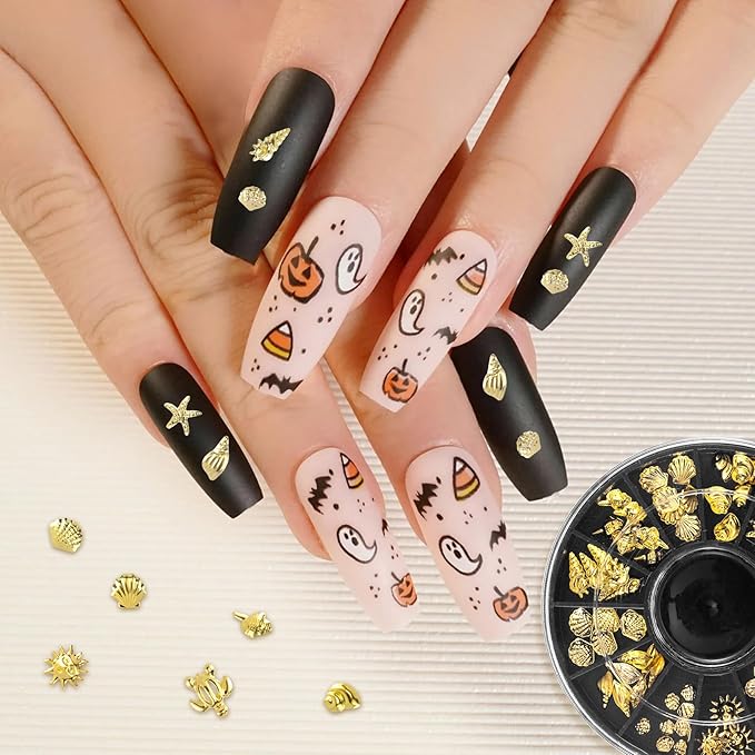 2 Disc Ocean Nail Art Charms, 3D Metal Nails Stickers, Beach Starfish Seashell Decals Manicure DIY Embellishments for Women- Gold