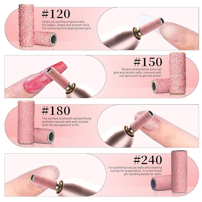 BLESWIN 100pcs Small Sanding Bands with Upgraded 3mm Mandrel Bit, 120 Grit for Acrylic Nail, Gel Nail Removing, Professional Nail Sanding Belt for Manicure and Pedicure, Pink
