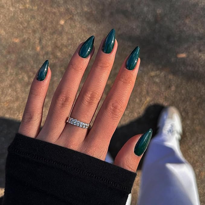 Dark Green Press on Nails Almond Shaped Medium Almond Nails Press on Neutral Acrylic Nails Reusable Fake Nails for Women Girls, Glue on Nails Medium Length Stiletto False Nails Gel Artificial Nails