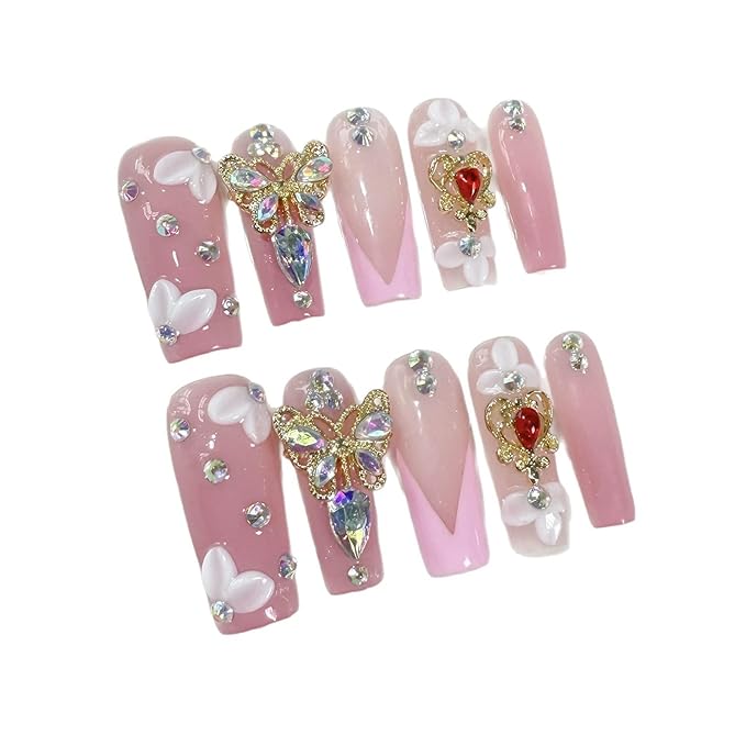 Long Handmade Press on Nails Square Flower Fake Nails Pink French Tip False Nail with Glue 3D Rhinestones Butterfly Design Luxury Full Cover Acrylic Nails for Women Manicure 10Pcs(Size M)