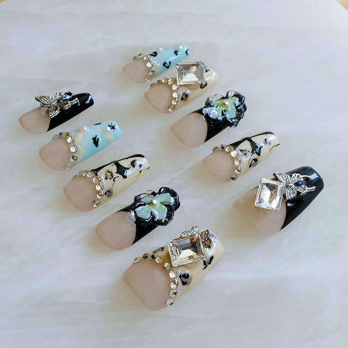 Press On Nails, Long Ballerina Style with 3D Flowers and Crystals, Black and Yellow Design, Handmade False Nail 10 Pieces (Large,LB)