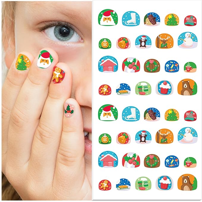 Nail Stickers for Kids - Halloween&Christmas Cute 3D Self-Adhesive Designs, DIY Nail Art Decals for Little Girls, Toddler (4 Sheets)