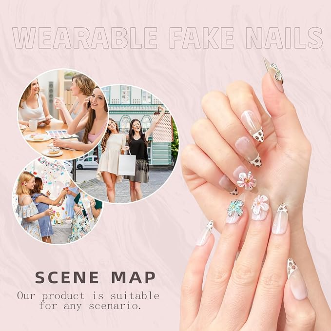 Handmade Press on Nails – Reusable False Nails with Leopard Print French Design, Gradient Tropical 3D Flower Art, Medium Almond Shaped Fake Nails (10PCS-M)
