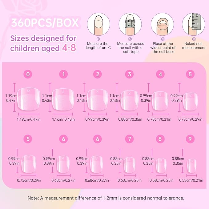 Ranrose 360pcs Kid Nail Tips for Girls 4-8 Years - Pre-Shaped Soft Gel Squared Oval Press on Nails for Kids,Half Matte Full Cover Fake Nail for Kids DIY Salon,Perfect for Birthday Parties,Holidays