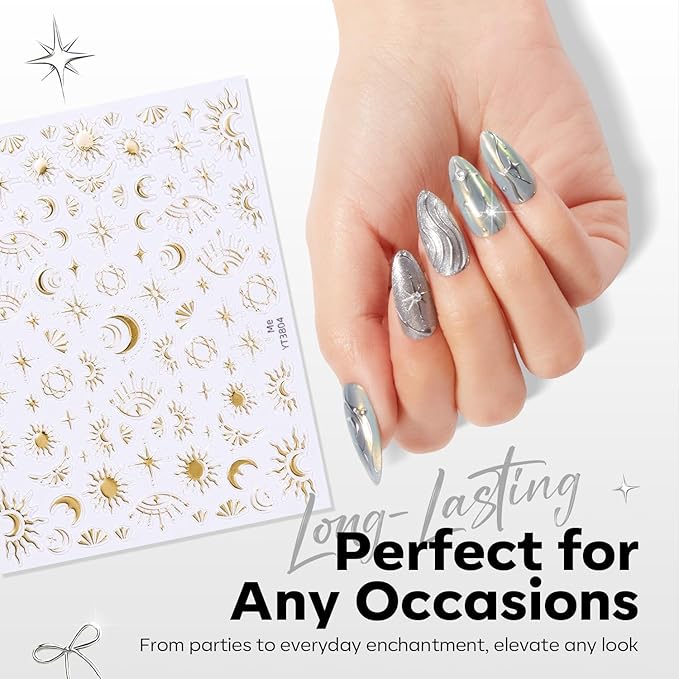 Modelones Gold Gel Polish Nail Stickers 3D Self-Adhesive Nail Decals Gold Line Star, Laser Heart & Star Sparkle, Moon Nail Art Holiday Christmas DIY Nail Stickers for Women & Kids 5Pcs