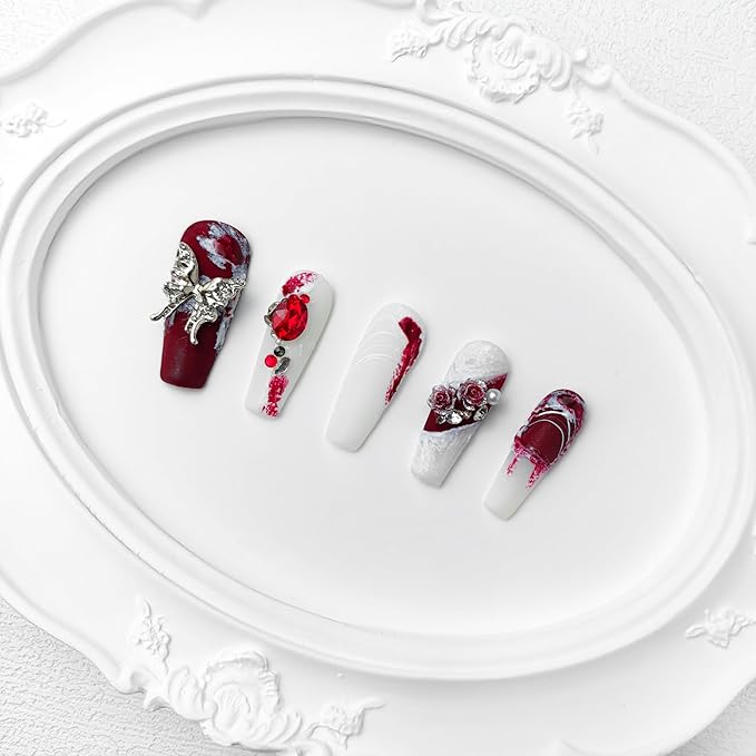 2025 Burgundy Medium Press on Nail Hand-painted Irregular Frosted Design w/Rhinestones Flower Butterfly Handmade Reusable PMMA Acrylic Matte Full Coverage Nail (Hand-painted Pattern, Medium)