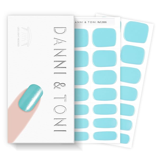 DANNI & TONI Semi Cured Gel Nail Strips Light Turquoise Holographic Soft Mint Blue Gel Nail Wraps 28 Stickers | Lunar Tide