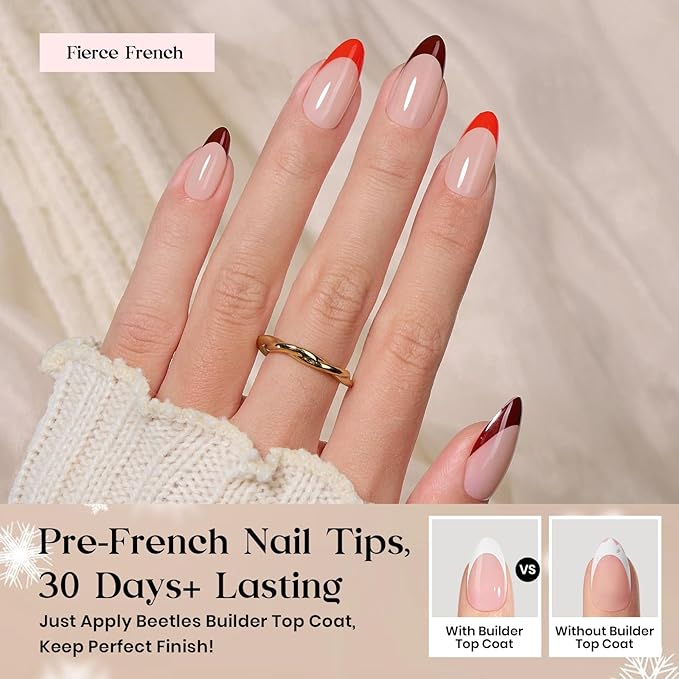 Beetles X Press Plus Gel Nails Kit - Fierce French | 5 Colors Valentines Press On Nails Medium Almond | 160Pcs 16 Sizes All-in-One Kit With Nail Glue,Remover,Builder Top Coat,Nail Lamp Gift