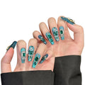 Luxury Handmade Emerald Green Long Coffin Press On Nails, 3D Multi-shape Rhinestones Crystal Sparkle Elegant Acrylic Nails (Emerald Green Sparkle, S)