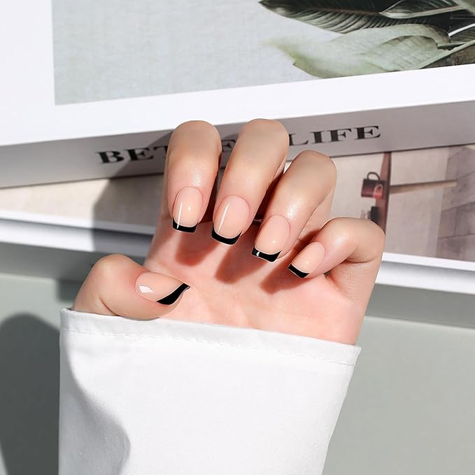 Luxbon Press On Nails with No-Cure Nail Glue and Tool Kit – French Manicure Glue On Nails 30-32pcs Full Size Set, Reusable Fake Nails for Women, Salon Look at Home, Black