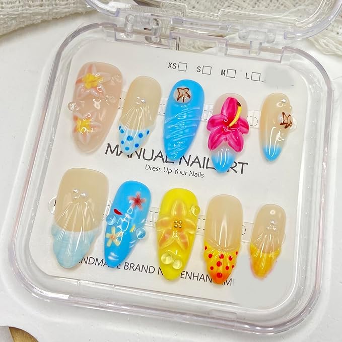 Handmade Press on Nails Summer Shell Press on Nails Medium Almond Fake Nails Flower French False Nails Starfish for Girls Manicure Art Decoration Accessories (Size S)