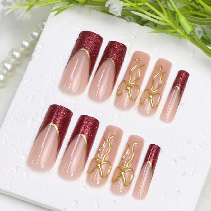 Long Press on Nails Square Fake Nails with Red Glitter French Tip Gold Line Bow Designs Nude Full Cover Glue on Nails Press ons Glossy Acrylic Stick on Nails for Women 24 Pcs