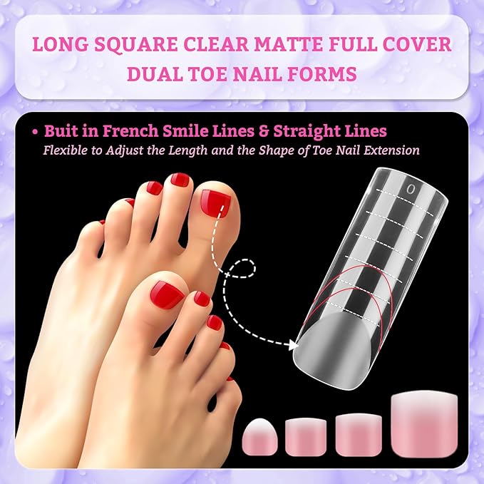 120pcs Long Square Dual Toe Nail Forms Clear Matte Full Cover Toenail Art Mold with Scale for Polygel Extension Beginners DIY Manicure with Dual-ended Brush Nail File Coffin Nails 12 Sizes