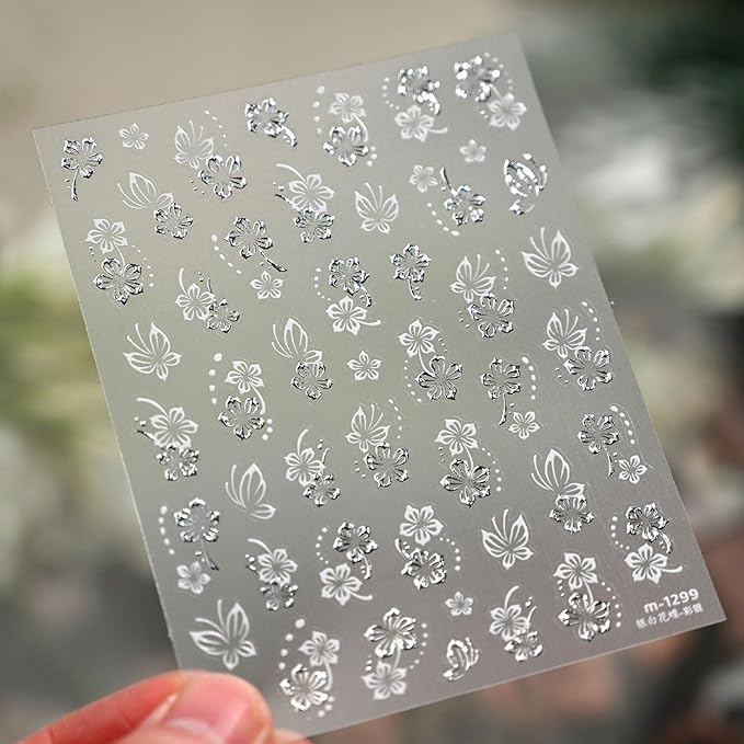 Spring Nail Stickers Silvery Flower Nail Art Stickers 5D Embossed Nail Decals White Butterfly Self-Adhesive Nail Art for Women Floral Nail Manicure Decoration