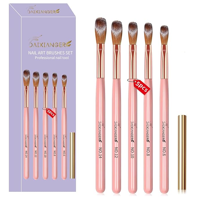 5Pcs Acrylic Nail Art Brush Set -Size 6/8/10/12/14, Rose Gold Handle Nail Brushes for Acrylic Application Powder & Nail Extension, 3D Nail Carving Tools for DIY Home Salon Manicure
