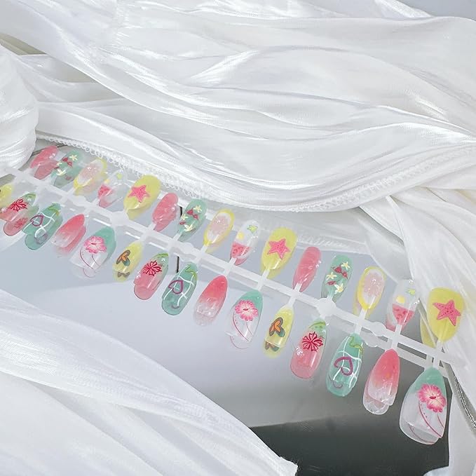 30Pcs Summer Press on Nails Medium Almond Fake Nails with 3D Starfish Designs, 30pcs Beach Press on Nails, 1pc Nail File, 24pcs Nail Jelly Stickers, 1pc Wooden Stick