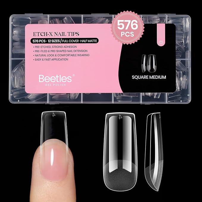 Beetles Gel Nail Tips, 576Pcs 12 Sizes Medium Square Pre-Etched Soft Acrylic False Nail Tips Half Matte Full Cover Press on Nail Extensions Gift Set Home DIY Nail Salon for Women Girls