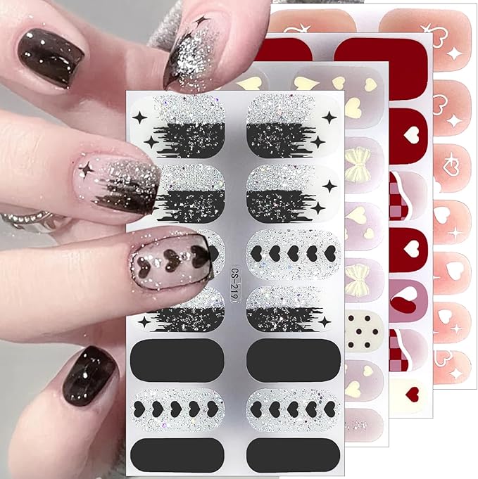 Valentines Nail Polish Stickers Self Adhesive French Tip Nail Stickers Black White Pink Heart Gel Nail Stickers Romantic Valentines Day Gel Nail Strips Cute Bow Full Nail Wraps Stickers for Women 4Pcs