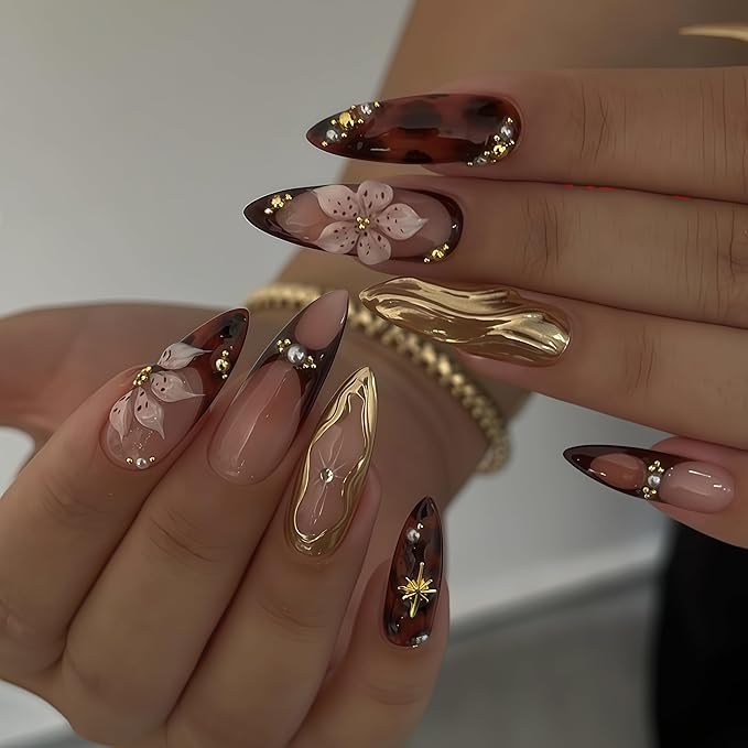 24Pcs Almond Press on Nails Medium Fake Nails with Brown Flower Designs French Nails 3D Gold Texture False Nails Star Press ons Pearl Jewelry Acrylic Nail Cute Stick on Nail for Women Manicure
