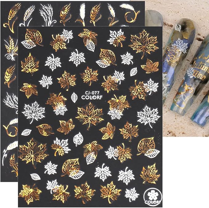 Autumn Leaves Nail Decals,Bronzing Fall Nail Stickers White Laser Gold Maple Leaf Nail Art Stickers,3D Self-Adhesive Stickers for Nails Decorations Accessories Women DIY Nail Supplies,9 Sheets/Set