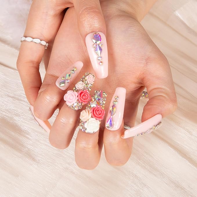 LOVFUL Press on Nails Rose Garden | Handmade with Full Covered Crystals | Reusable Full Cover Nails | Coffin Classic Regular 1.3 in | H107-S