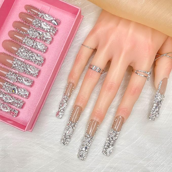 2025 New PMMA Acrylic Press on Nails Stunning Bling Nails, Gemstone Fake Nails, Glitter Gemstone Nails, Gradient Pink Fake Nails (Gemstone, L)