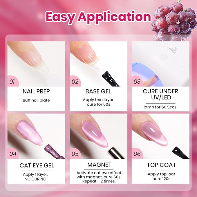 Beetles Iced Grape Essence Purple Cat Eye Gel Nail Polish - 9ML Glitter Purple Cat Eye Spring Gel Polish Magnetic Shimmer Effect Soak Off UV Nail Art Design Salon DIY Manicure Gift for Women
