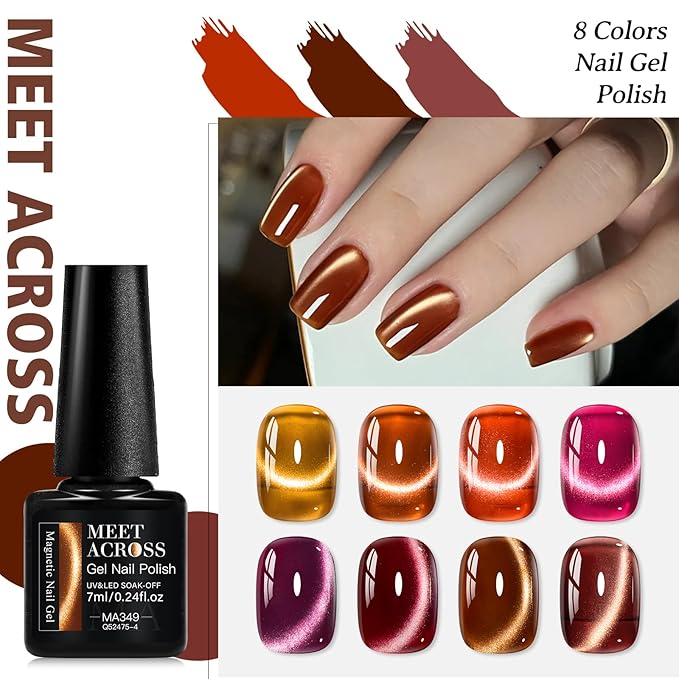 MEET ACROSS 9PCs Cat Eye Gel Nail Polish Set, Amber Brown Wine Burgundy Red Coral Caramel Jelly Cat Eye Gel Polish with Magnet, Fall Winter DIY Manicure Gifts