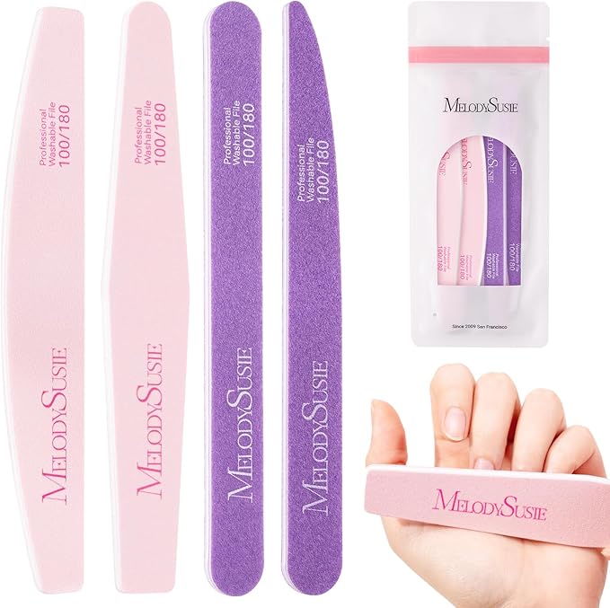 MelodySusie Nail File Kit, 4Pcs Double Sided 100/180 Grit Mixed-Shape Emery Boards For Nails, Professional Nail Art Manicure Pedicure Supplies for Home and Salon Use, Pink & Purple