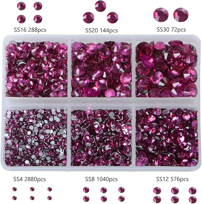 Bymitel 5000 Pieces 6 Mixed Sizes Glue Fix on Glass Rhinestones Round Crystal Gems Flatback for DIY Jewelry Making with one Picking Pen(6-Sizes 5000PCS, Fuchsia)