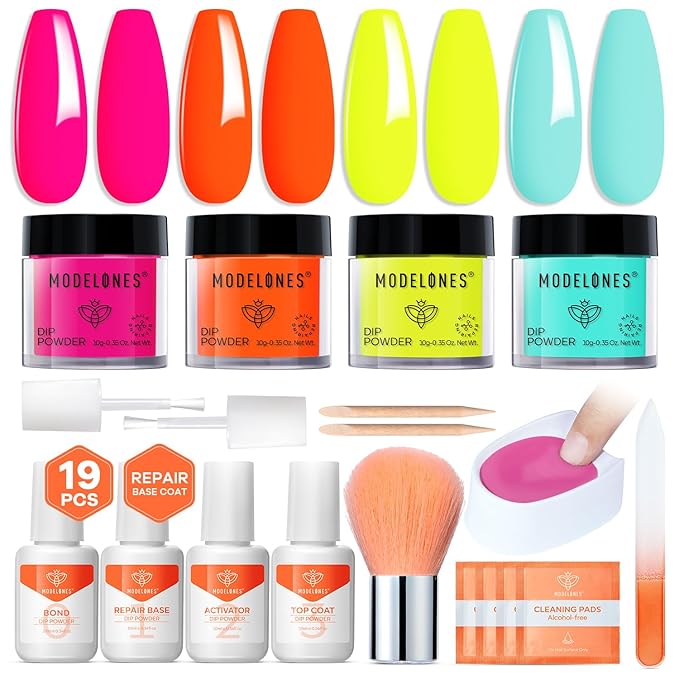 Modelones Dip Powder Nail Kit, 4 Colors Spring Summer Hot Pink Orange Yellow Blue Neon Dipping Starter Set with Liquid and Complete Accessories for French Nails Art Salon DIY at Home