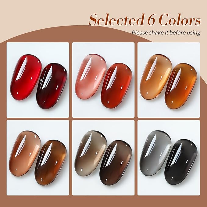 BORN PRETTY Jelly Gel Nail Polish Fall Winter Amber Crystal Brown Orange Burgundy Red Black Gel Polish Transparent Translucent Clear Nail Art Manicure DIY Home Salon 6PCS