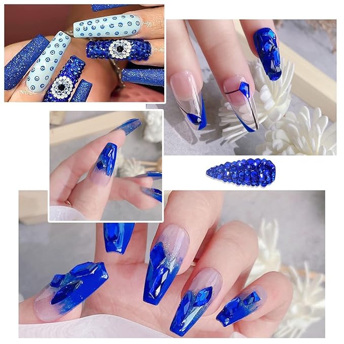 2052Pcs Sapphire Blue Nail Art Rhinestones Kit Royal Blue Nail Charms Multi Shapes Crystal Flatback Rhinestones Big Gems + Round Beads Glass Stones Diamonds Jewels for Nails Faces Eyes Makeup