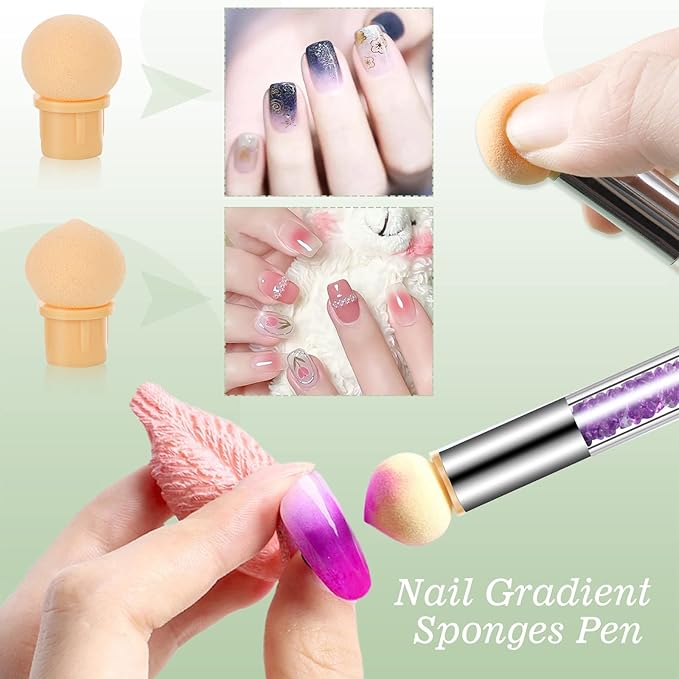 17 Pcs in 1 Set Nail Sponges for Ombre, Double-Head Ombre Brush for Gel Nails with 16 Pcs Replacement Head (Purple)
