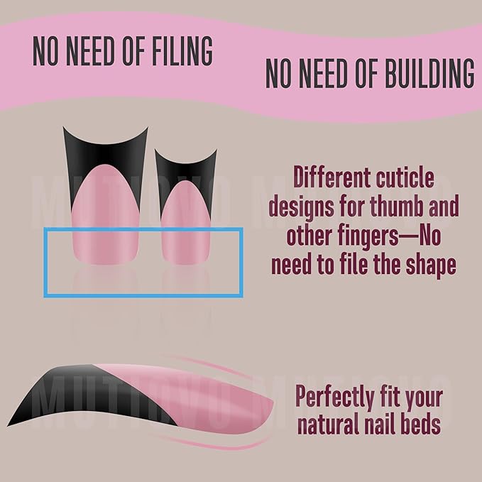 Black French Tip Duck Feet Nail Tips Full Cover for Press on Acrylic with Moon Curve, BERRY PINK Extra Thick Medim Long, Flare Wide Soft Gel Fake False Nail Extension x 15 Sizes 150 pcs