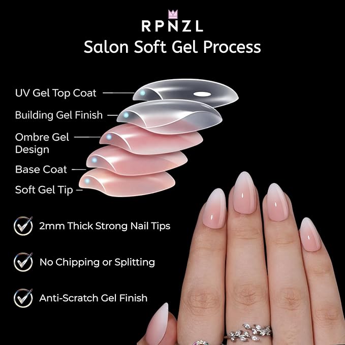 Press On Nails - Cappuccino | Ombre Design French Tip, UV Finish Almond Nails, Salon Quality | 32 Nails, 16 Sizes Kit with Glue and Adhesive Tabs I Female Founded