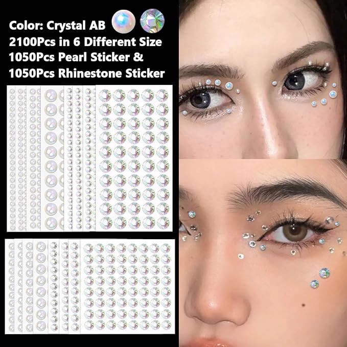 2100Pcs Self Adhesive Pearls and Rhinestone Sticker, Stick on Rhinestone Hair Gems Body Art Stickers Face Pearls Stick on Face Gems for Nail Art, Makeup, Crafts, Scrapbooking