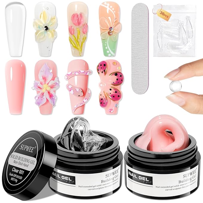 Solid Builder Gel for Nail Extension Clear Nude Non-Stick Hand Sculpture Hard Gel with Dual Form Flower Nail Strengthen Nails Art for Home DIY Nails Salon Lamp Cure Require 2 Colors 14g