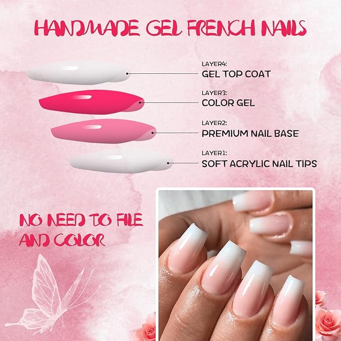 AddFavor 240pc Ombre Coffin Press on Nails Medium Fake Nails - Glue on Nails Coffin Acrylic Nails Press ons Nail Tips Medium Stick on Nails with Nail Glue and Adhesive Tabs for Women