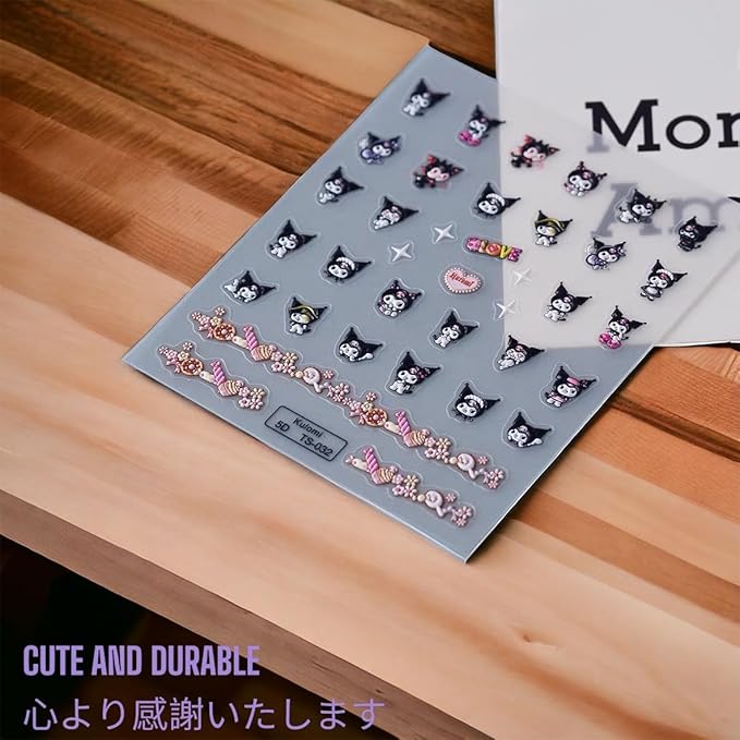 Anime Nail Stickers 5D 3D Embossed Kawaii Japanese Art Decals for DIY Nail Design, Self Adhesive Pink Stickers for Natural Gel Press On Nails, Unisex Cute Otaku Gift (Kuro)