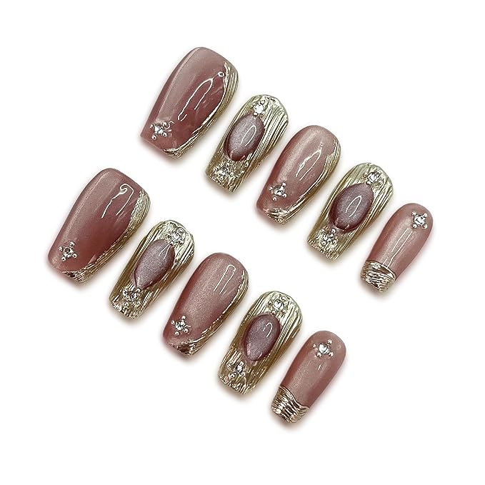 Yabonica10Pcs Press On Nails Short Square, Handmade Gold Chrome Nail Press Ons with Red Cat Eye Charm Salon Design-Nature Reusable Acrylic False Nails Stick On Fingernail for Woman Girls (04s)