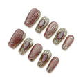 Yabonica10Pcs Press On Nails Short Square, Handmade Gold Chrome Nail Press Ons with Red Cat Eye Charm Salon Design-Nature Reusable Acrylic False Nails Stick On Fingernail for Woman Girls (04s)