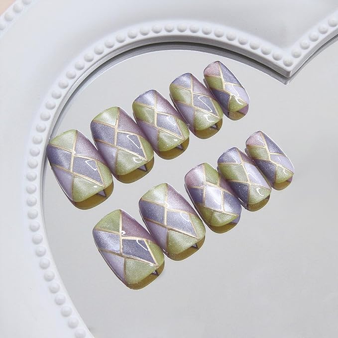 Square Press on Nails Short Fake Nails with Designs Gold Lines Stick on Nail Purple Acrylic False Nail Artificial Nail Press ons Glossy Full Cover Glue on Nails for Women 24Pcs
