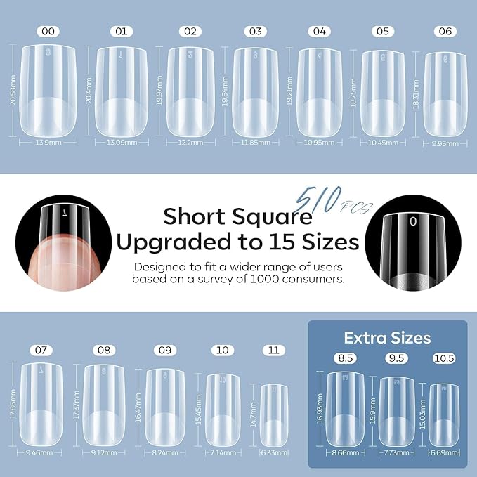 modelones X Nail Gel Kit, Upgrade 15Sizes Gel Nail Tips Short Square, 9-in-One Glue Prep Dehydrator & Portable Led Lamp, 510Pcs Pre-shaped Square Press On Extension Kit DIY Salon Home Gift for Women