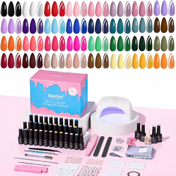 Beetles Deal Box Gel Nail Polish Kit with U V Light - 32 Colors Gel Polish Cat Eye Top Coat 68 Pcs All-In-1 Nail Kit with TPO & HEMA Free Base and Top Coat Home Salon DIY Nails Tools Gifts for Women