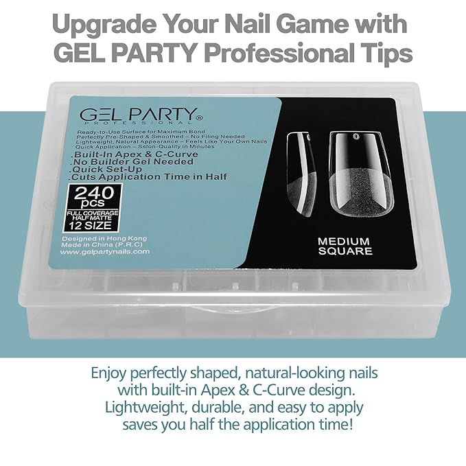 GELPARTY Soft Gel Nail Tips Medium Square - 240Pcs Pre-Buffed Matte Full Cover Tips - No Filing Needed, Soak Off Gel Extension System - Clear False Nails (12 Sizes)