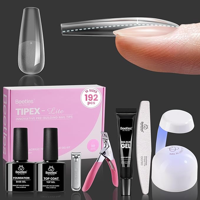 Beetles Tipex Lite Apex Nail Tips Kit, Coffin Long, 192pcs 16 Sizes,with UV Nail Glue, Base & Top Coat, Mini Nail Lamp, Nail Clipper & Cuticle Nipper,Pre-Building Pre-Etched Acrylic Tips Kit