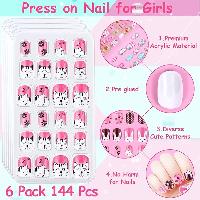 Kids Press on Nails, Thrilez 144Pcs Girls False Nails Children Artificial Fake Nail Tips Pre Glue Stick on Short Nails Decoration Gift for Kids Teens Girls Age 7 12 (Colorful Days)