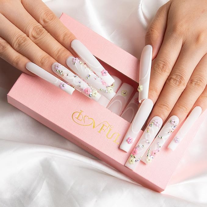 LOVFUL Press on Nails Rococo | Handmade with Full Covered Crystals | Reusable Fake Nails | Square | H94-S, pink