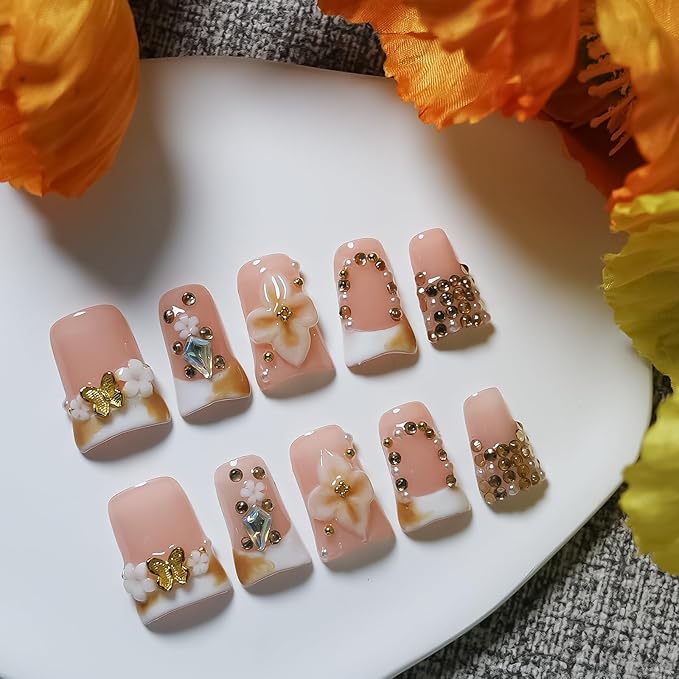 Short Duck Press on Nails Handmade 3D Flowers Butterflies Designs Nude Pink False Nails White French Tip Thick Acrylic & Muti-Layer Stick on Nails for Women Nails Art(Sunflowers,M)